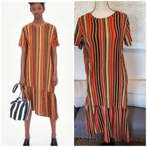 Zara Dress Striped Crepe Asymmetric Hem Short Sleeve Tan Black White Size Small